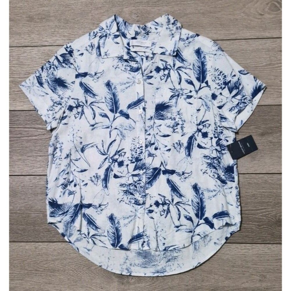 Lucky Brand NWT Blue White Floral Linen Blend Short Sleeve Button Up Shirt S